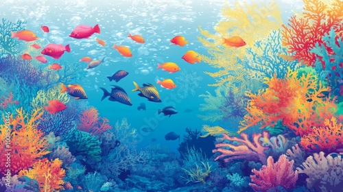 Vibrant coral reef with colorful fish swimming underwater.