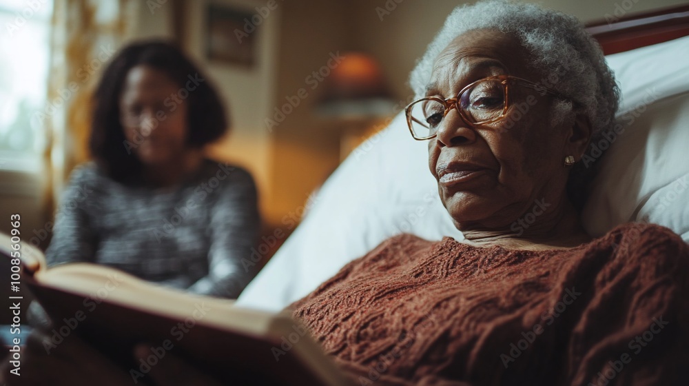 Senior woman in bed reading a book, with a younger woman out of focus in the background. Senior woman in bed reading a book, with a younger woman out of focus in the background.