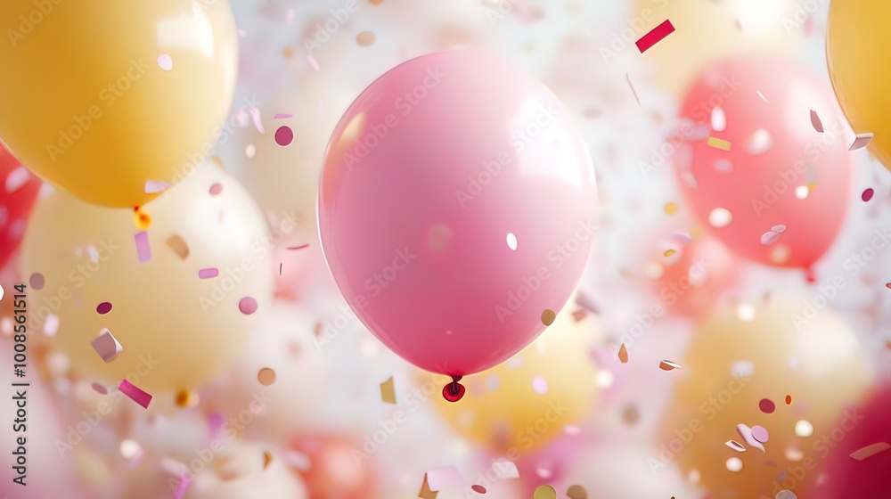 Pink Balloon Floating Amongst Confetti and Other Balloons Pink Balloon Floating Amongst Confetti and Other Balloons