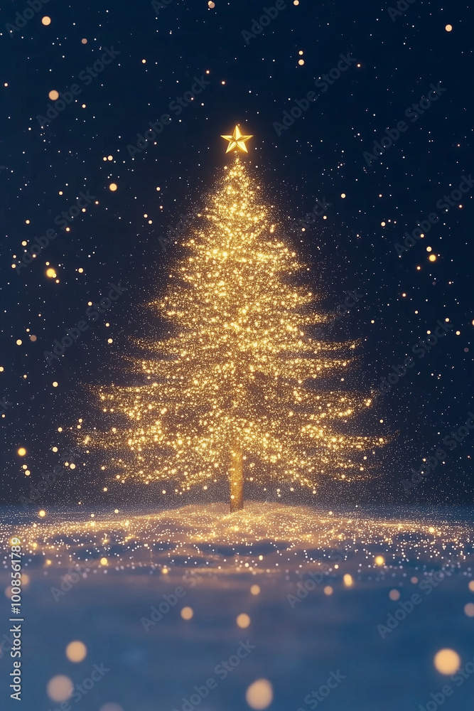 Naklejka premium A beautifully lit Christmas tree stands in the snow, crowned with a bright star, radiating warm golden light and capturing the essence of a tranquil winter evening.