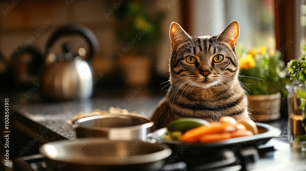 Fototapeta premium Curious tabby cat sitting on a kitchen counter with vegetables