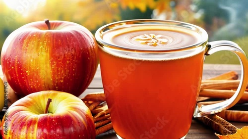 Autumn apple cider in glass mug with fresh apples and cinnamon sticks