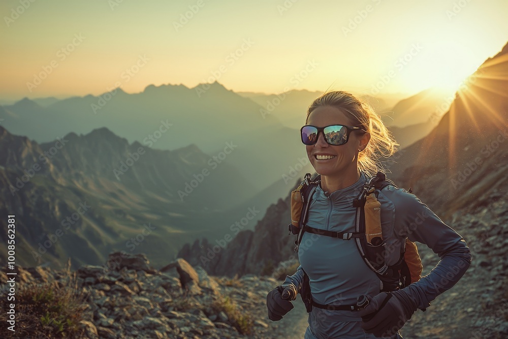 a realistic photograph of a woman running in an ultra marathon event, wearing sunglasses, smiling, mountains, early morning, sun rising, dramatic lighting, cinematic, 50mm lens, kodachrome a realistic photograph of a woman running in an ultra marathon event, wearing sunglasses, smiling, mountains, early morning, sun rising, dramatic lighting, cinematic, 50mm lens, kodachrome