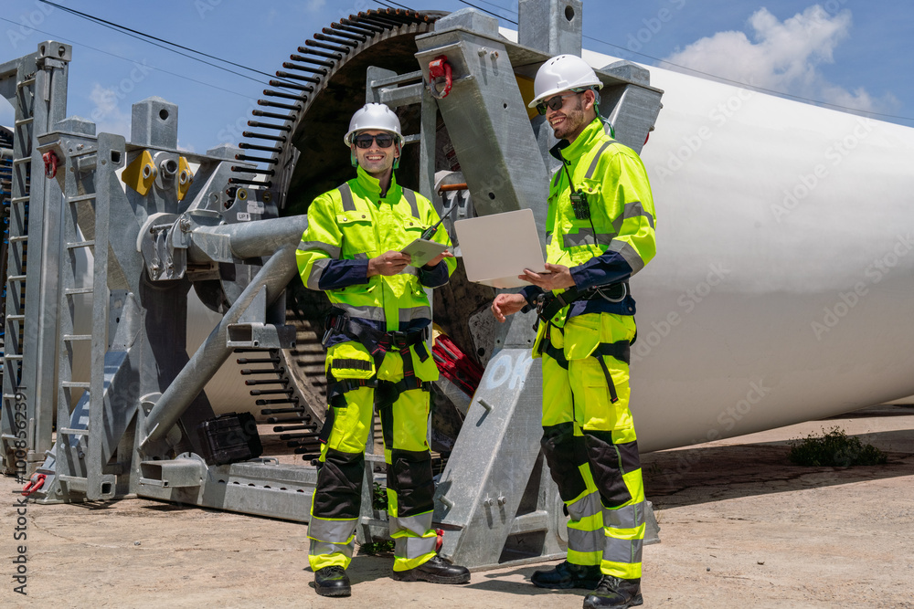 Maintenance engineer team standing at windmills at wind turbine farm. Group of people wear safety helmet and uniform working at alternative renewable energy wind station. Sustainable energy technology Maintenance engineer team standing at windmills at wind turbine farm. Group of people wear safety helmet and uniform working at alternative renewable energy wind station. Sustainable energy technology