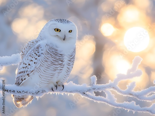 White owl perching on frost covered branch with pale wintry sun in background photo