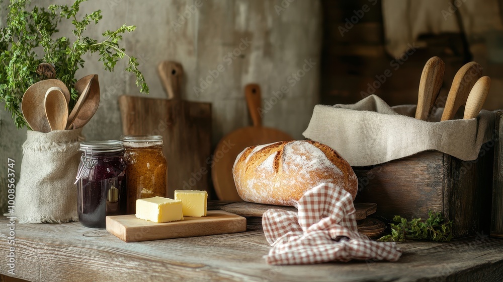 Fototapeta premium Rustic Kitchen Still Life with Homemade Bread and Preserves