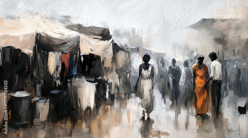 People walking through crowded market with stalls selling goods