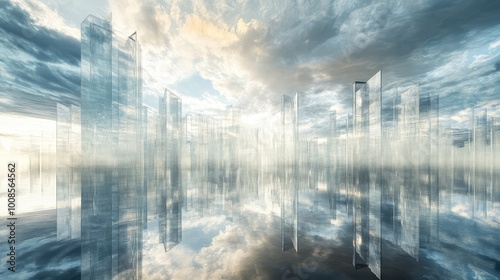 A floating city of glass towers reflecting the horizon and sky, suspended high in the atmosphere with stunning light effects.