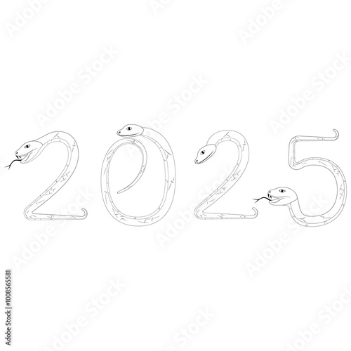 Chinese 2025 Contour New Year Numeric. Zodiac Asia Silhouette Snake