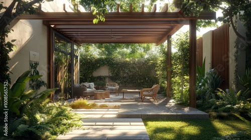 Green garden patio space with a wooden pergola, comfortable chairs, clear windows, and natural light creating a cozy outdoor environment