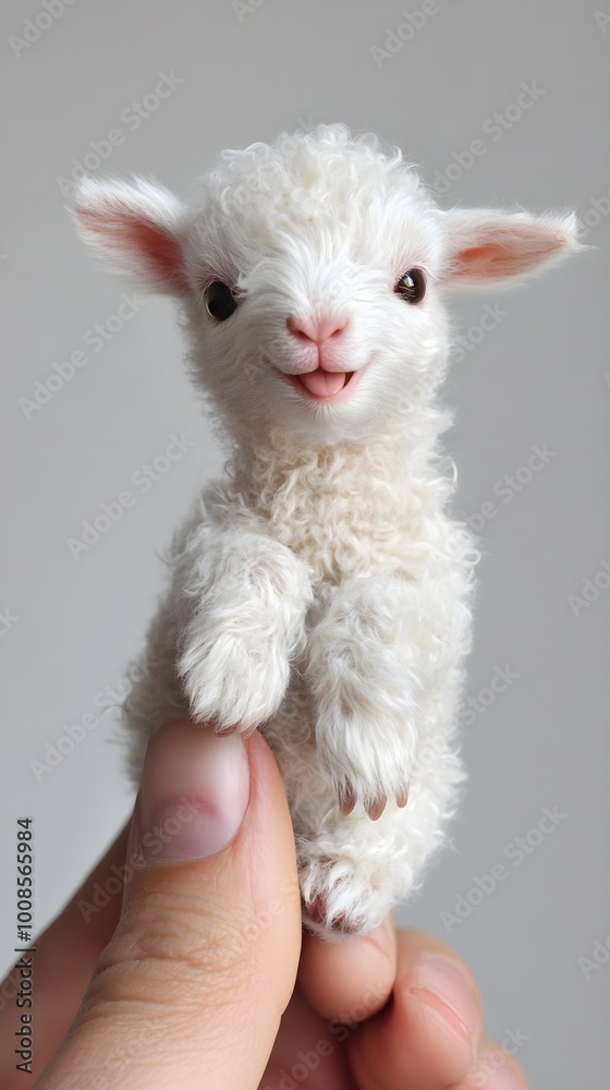 The world's smallest lamb, perched on someone's finger with its mouth slightly open The world's smallest lamb, perched on someone's finger with its mouth slightly open