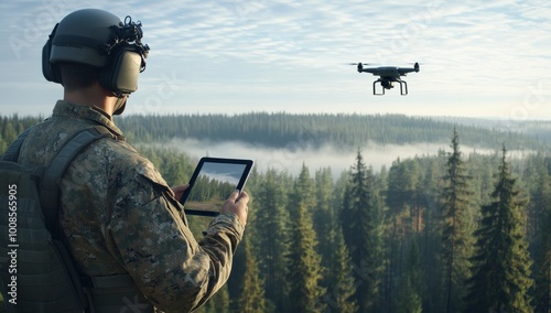 Soldier Operating Drone with Tablet in a Misty Forest Landscape