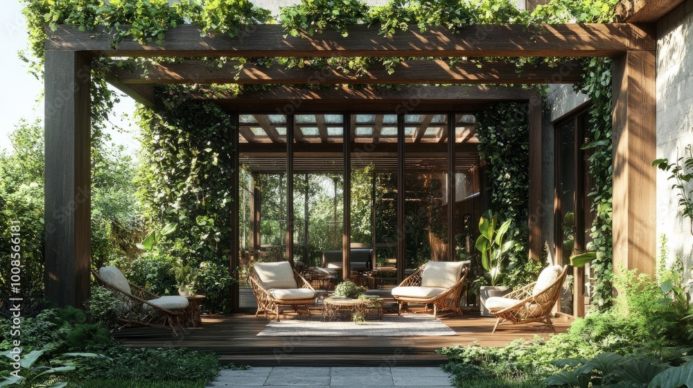 Naklejka premium Green garden patio with wooden pergola, cozy chairs, lush foliage, clear windows, and soft natural lighting