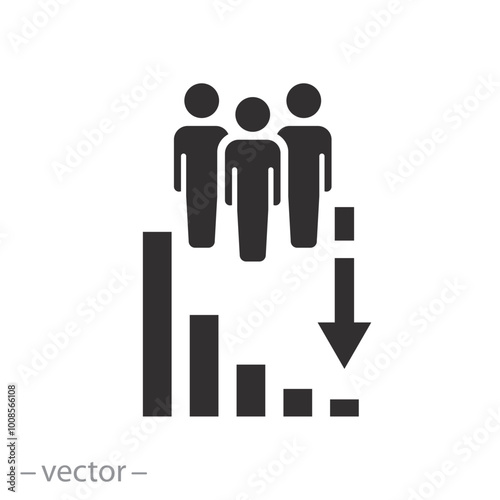 less people icon, decrease population, decline amount, demography drop, flat vector illustration