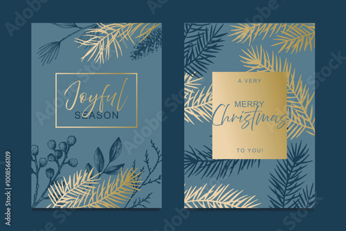 Luxury gold christmas invitation cards with botanical elements and text. Holiday greeting card design concept with pine branches, berries and cones. vector illustration