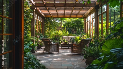 Green garden patio with wooden pergola, cozy chairs, lush foliage, clear windows, and soft natural lighting