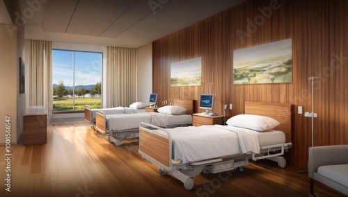 Empty Hospital Bed with Medical Equipment and Blue Toned Windows photo