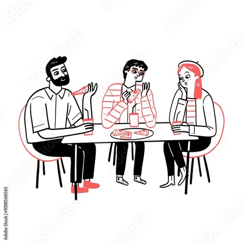 This shows three people sitting at a table, eating and drinking. They’re having a meal together, possibly enjoying a casual or social dining experience. 