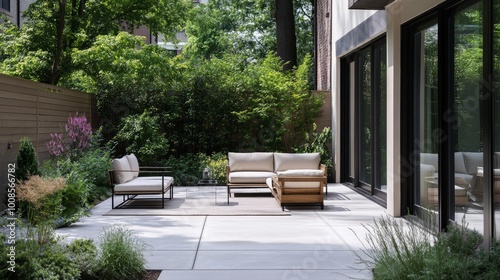 Minimalist patio garden showcasing modern seating, elegant plants, and clear windows, creating a serene outdoor retreat