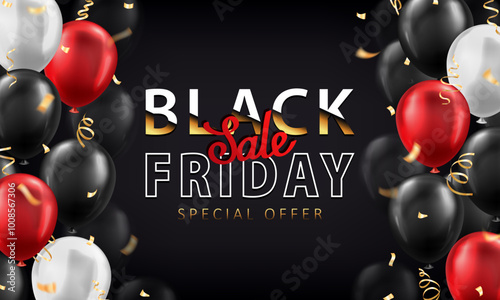 Banner design with black, white and red 3d glossy balloons and golden party streamers with text - SALE, Black Friday, Up to 80% off. Shopping poster, card with balloons and coil ribbon serpentine photo