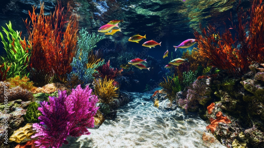 Fototapeta premium Vibrant underwater scene with colorful coral reef and fish.