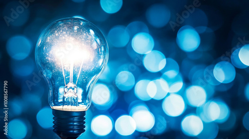 A bright light bulb shines against a dark background. photo