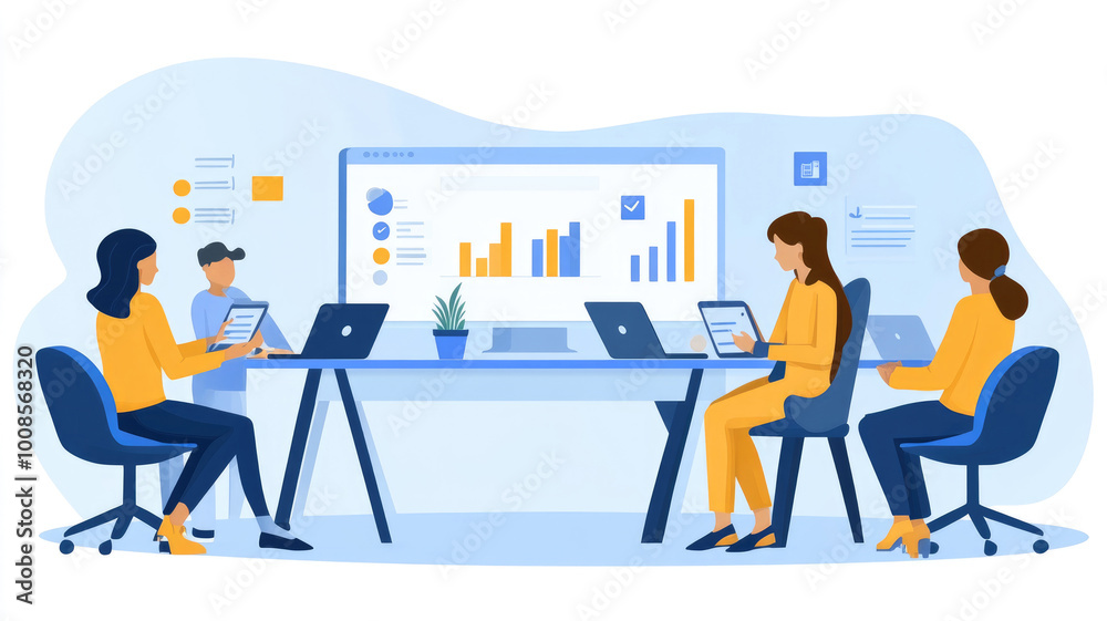 Team members analyze data and discuss insights in a contemporary office, utilizing laptops and tablets during a meeting Team members analyze data and discuss insights in a contemporary office, utilizing laptops and tablets during a meeting