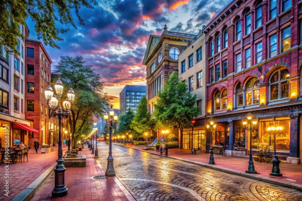 Obraz premium Historic Gastown in Vancouver with cobblestone streets, iconic clock, and vibrant urban atmosphere