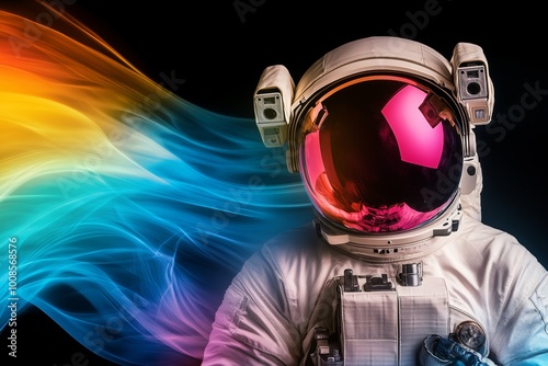 Astronaut Floating in Space with Colorful Energy Waves photo