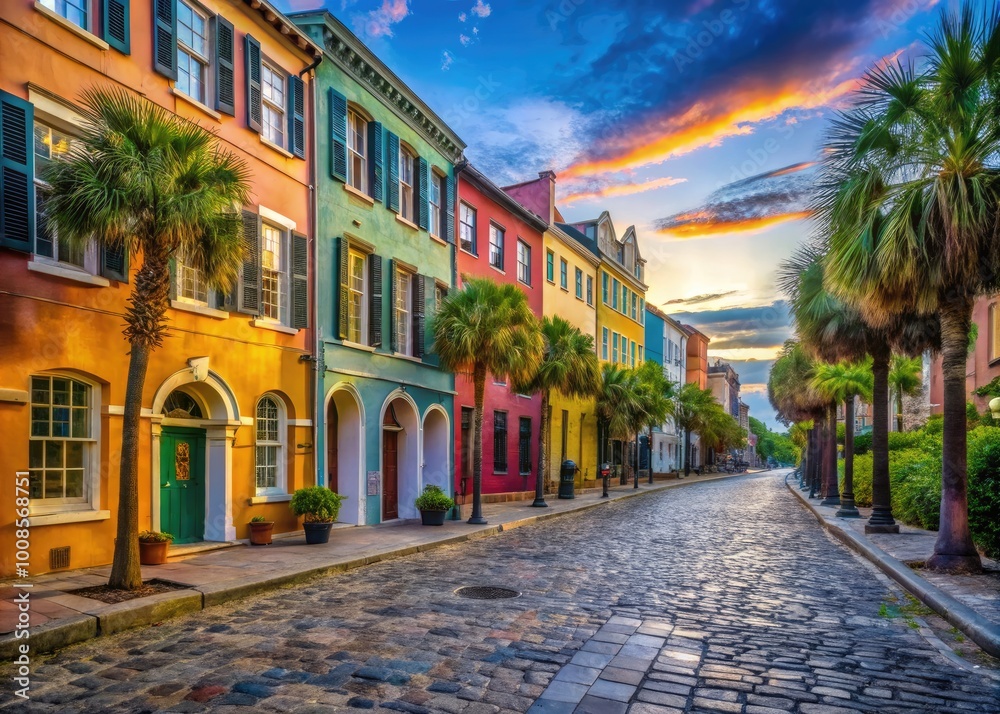 Fototapeta premium Historic Market Street in Charleston South Carolina Featuring Colorful Buildings and Cobblestone Pathways