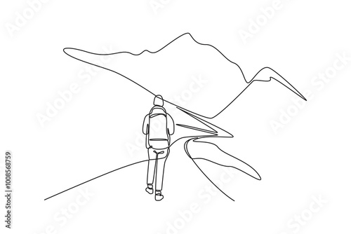 Simple continuous line drawing of young people hiking at mountain. Traveling minimalist concept. Simple continuous line, simple line.