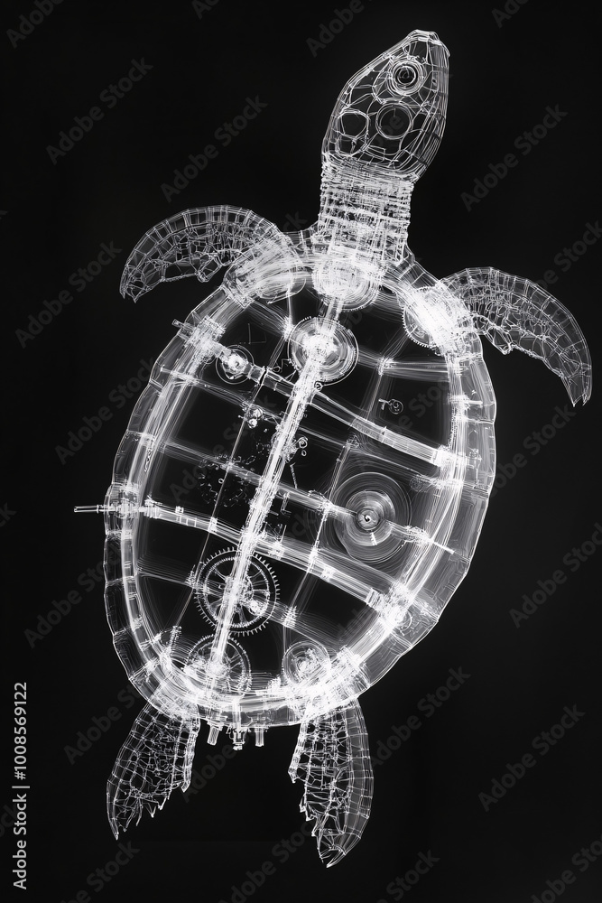 Mechanical turtle X-ray made from gears and fine components, showcasing an intricate fusion of organic and robotic elements against a black background, highlighting precision and futuristic design Mechanical turtle X-ray made from gears and fine components, showcasing an intricate fusion of organic and robotic elements against a black background, highlighting precision and futuristic design