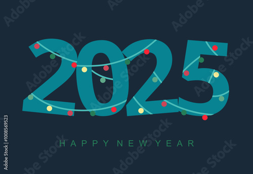 Foto 2025 decorated with party light bauble new year card in blue background