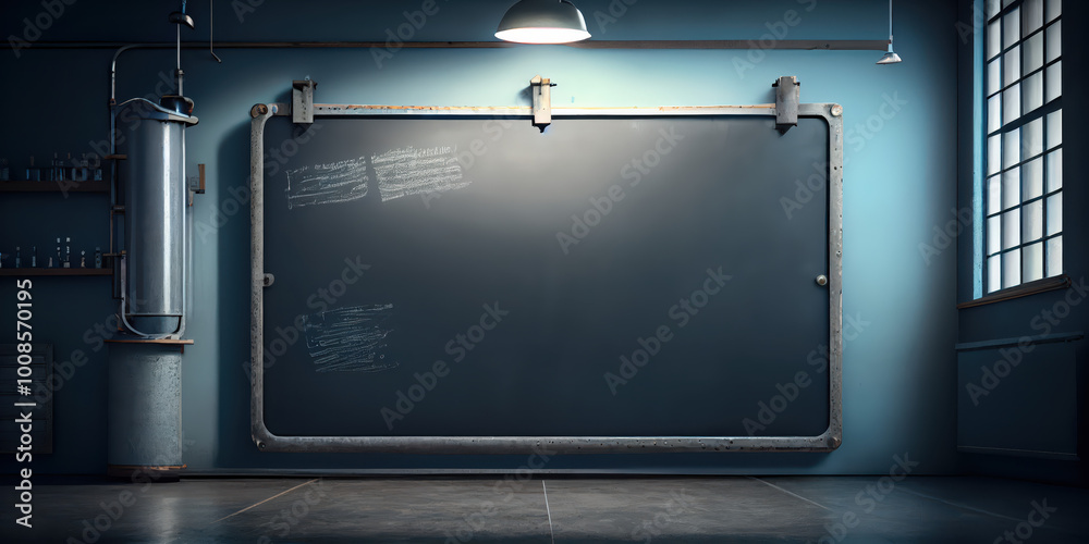 Industrial Classroom with Metal Blackboard in Minimalist Setting Industrial Classroom with Metal Blackboard in Minimalist Setting