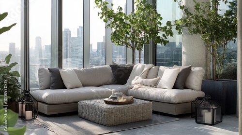 Modern outdoor space featuring a sectional sofa, coffee table, decorative lanterns, cityscape view, clear windows adding sophistication