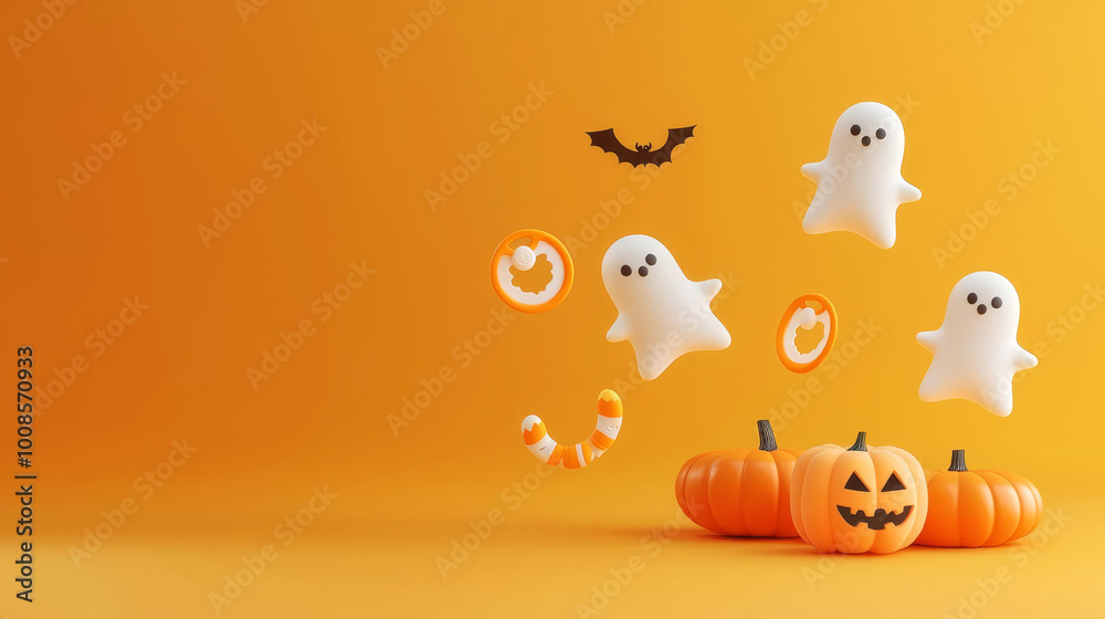 Fototapeta premium Cozy baby shower nursery with floating Halloween ghosts and pacifiers, 3D illustration