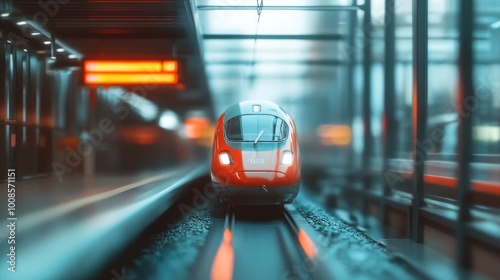 Train at the railway station in the city, with a motion blur effect.