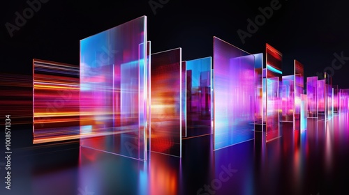 Series of Transparent Rectangular Panels with Glowing Colors in a Futuristic Digital Art Style
