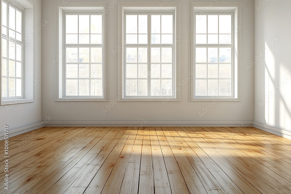 Bright, empty room with wooden floor and large windows. Bright, empty room with wooden floor and large windows.
