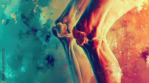 Abstract representation of human knees with vibrant colors, illustrating anatomy and movement in a unique artistic style. photo