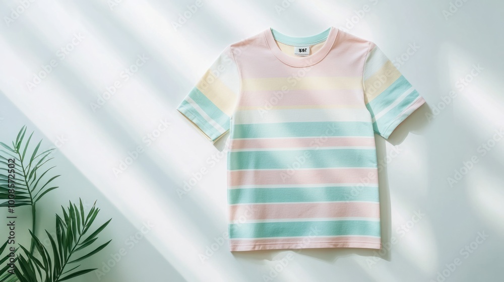 A playful striped women's t-shirt in pastel colors, displayed on a clean white background, perfect for cheerful summer fashion A playful striped women's t-shirt in pastel colors, displayed on a clean white background, perfect for cheerful summer fashion