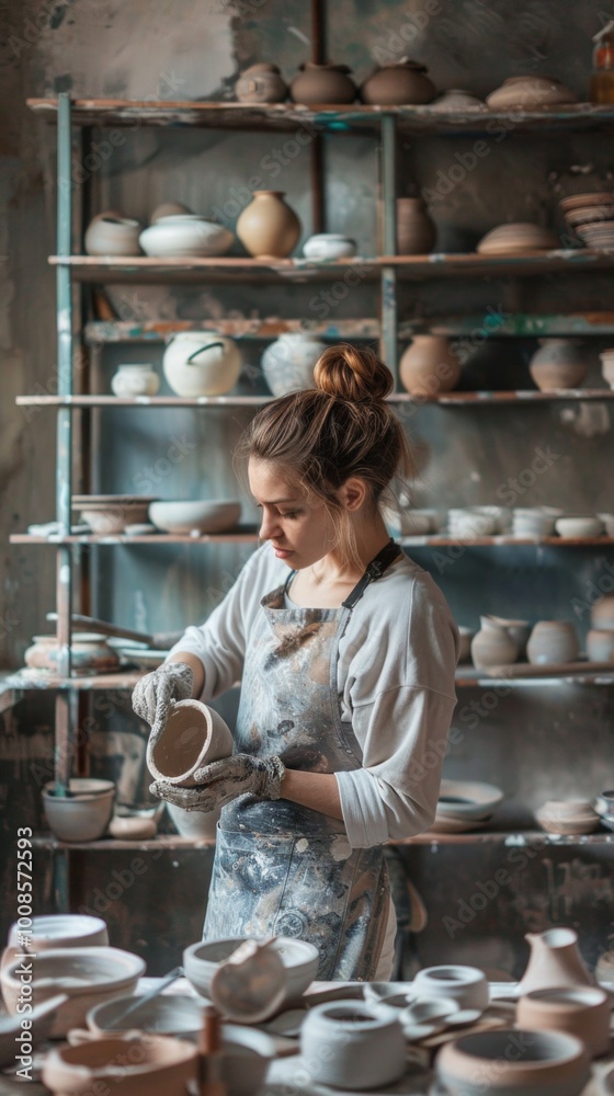 In a cluttered pottery workshop, a young woman in a light blue shirt and apron shapes clay on a wheel surrounded by colorful clay items and crafting tools. In a cluttered pottery workshop, a young woman in a light blue shirt and apron shapes clay on a wheel surrounded by colorful clay items and crafting tools.