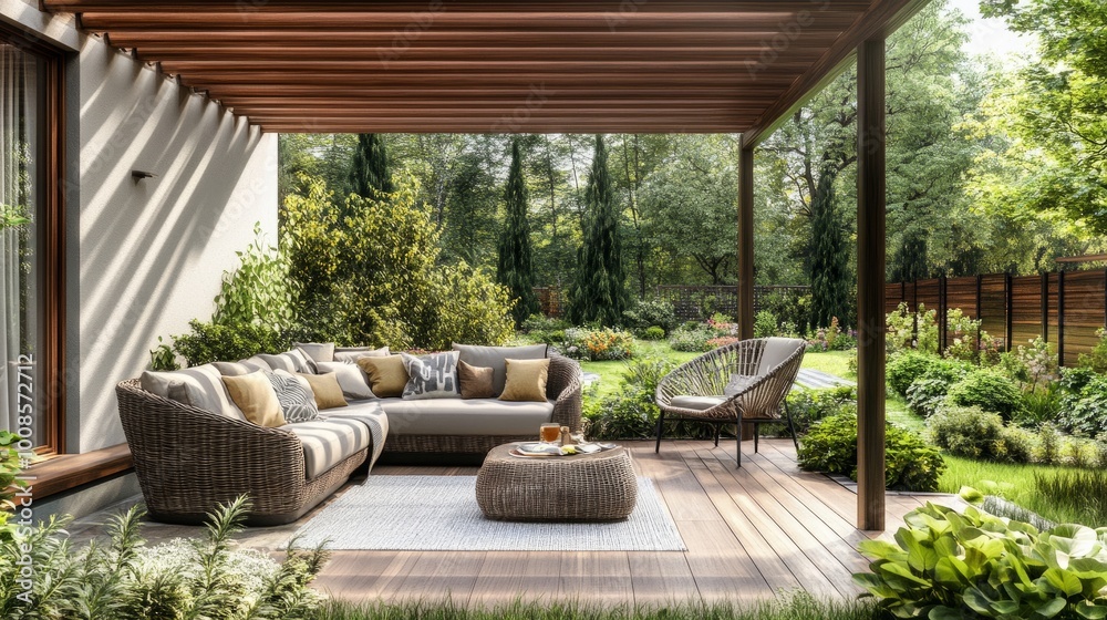 Obraz premium Outdoor patio with a wooden pergola, cozy seating, green garden surroundings, and clear windows creating an inviting atmosphere
