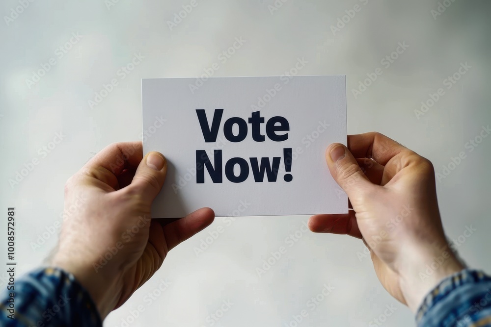 A person holding a sign that reads Vote Now against a neutral background, This image can be used for campaigning, civic engagement, or promoting voter participation in elections, A person holding a sign that reads Vote Now against a neutral background, This image can be used for campaigning, civic engagement, or promoting voter participation in elections,
