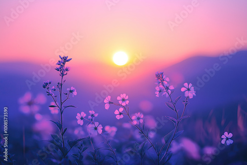 flowers and blurred grasses against unsharp purple sky sunset, soft focus, photorealistic