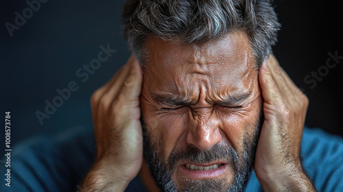 A man experiences intense emotional pain, holding his head with a pained expression in a dimly lit room