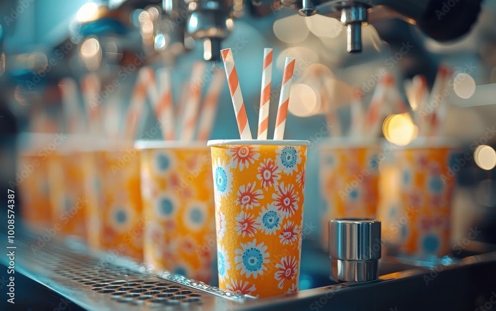 Colorful paper cups with straws lined up at a drink dispenser, creating a cheerful and vibrant refreshment station setup in a cafe setting. Colorful paper cups with straws lined up at a drink dispenser, creating a cheerful and vibrant refreshment station setup in a cafe setting.