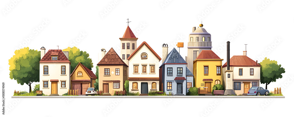 Cartoon small town houses, minimalism city buildings. Isolated on a white background. vector simple illustratio Cartoon small town houses, minimalism city buildings. Isolated on a white background. vector simple illustratio