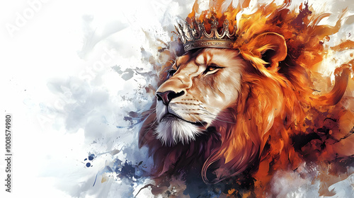 A Majestic Lion with a Golden Crown on a Watercolor Background photo