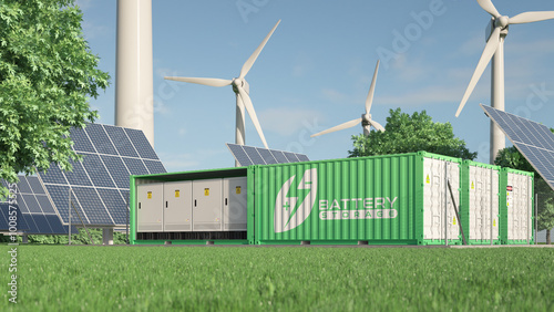 Renewable energy from wind turbines and solar panels stored in batteries. Realistic 3d render.